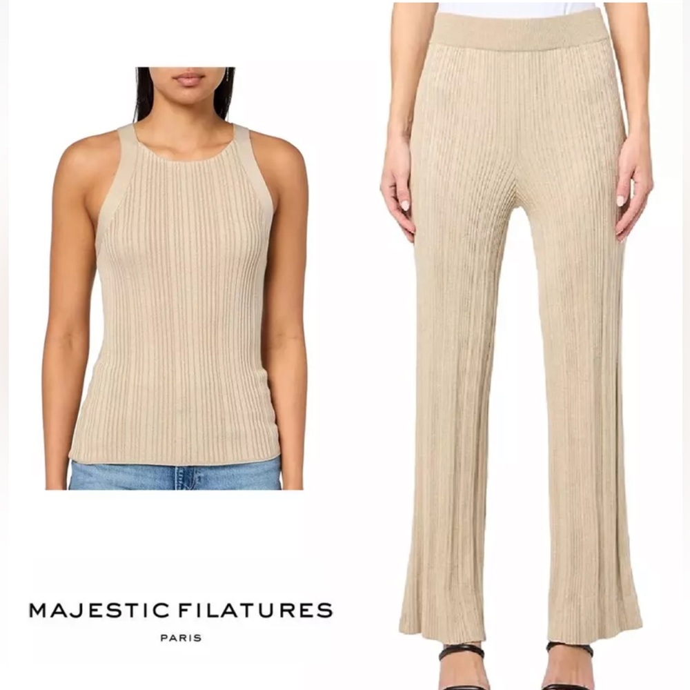 Majestic Filatures Organic Cotton Metallic Rib Wide Leg Pant Tank Outfit Set 2 S
